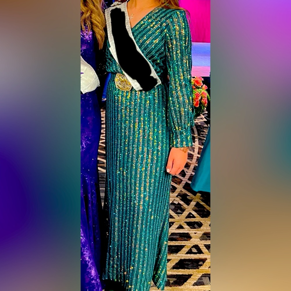 Emerald Green Sequin One Shoulder Gown with Bishop Sleeves